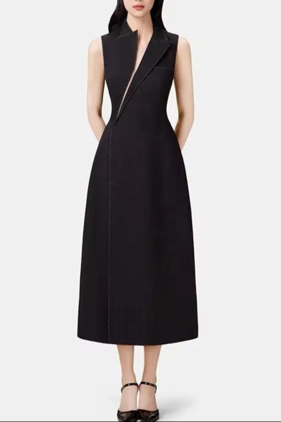asymmetric collar blazer midi dress in black