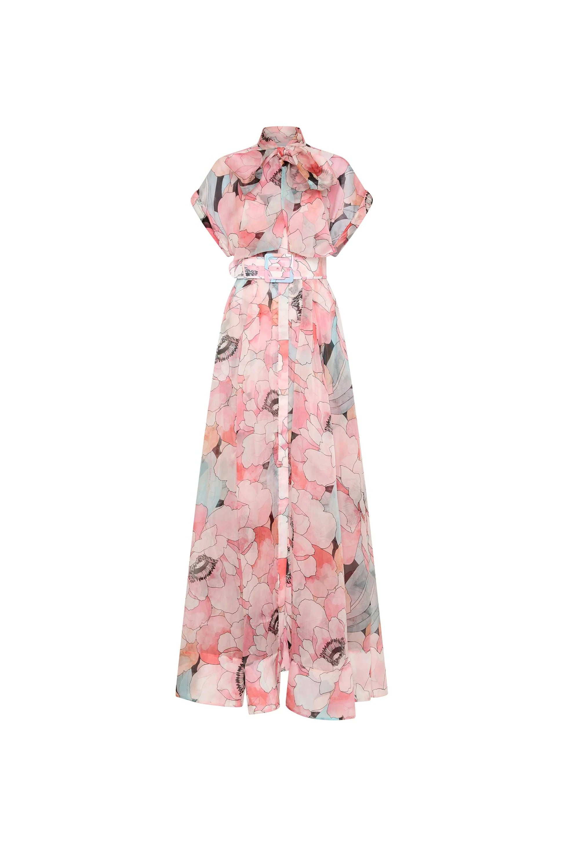floral print silk organza maxi dress in pink-multi