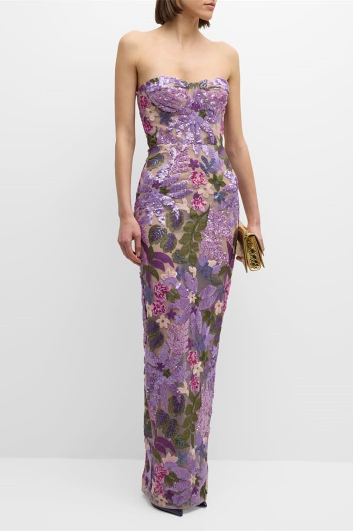 AURORA FLORAL-EMBROIDERED STRAPLESS MAXI DRESS