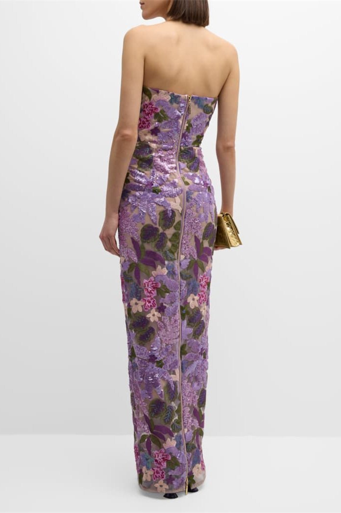 AURORA FLORAL-EMBROIDERED STRAPLESS MAXI DRESS