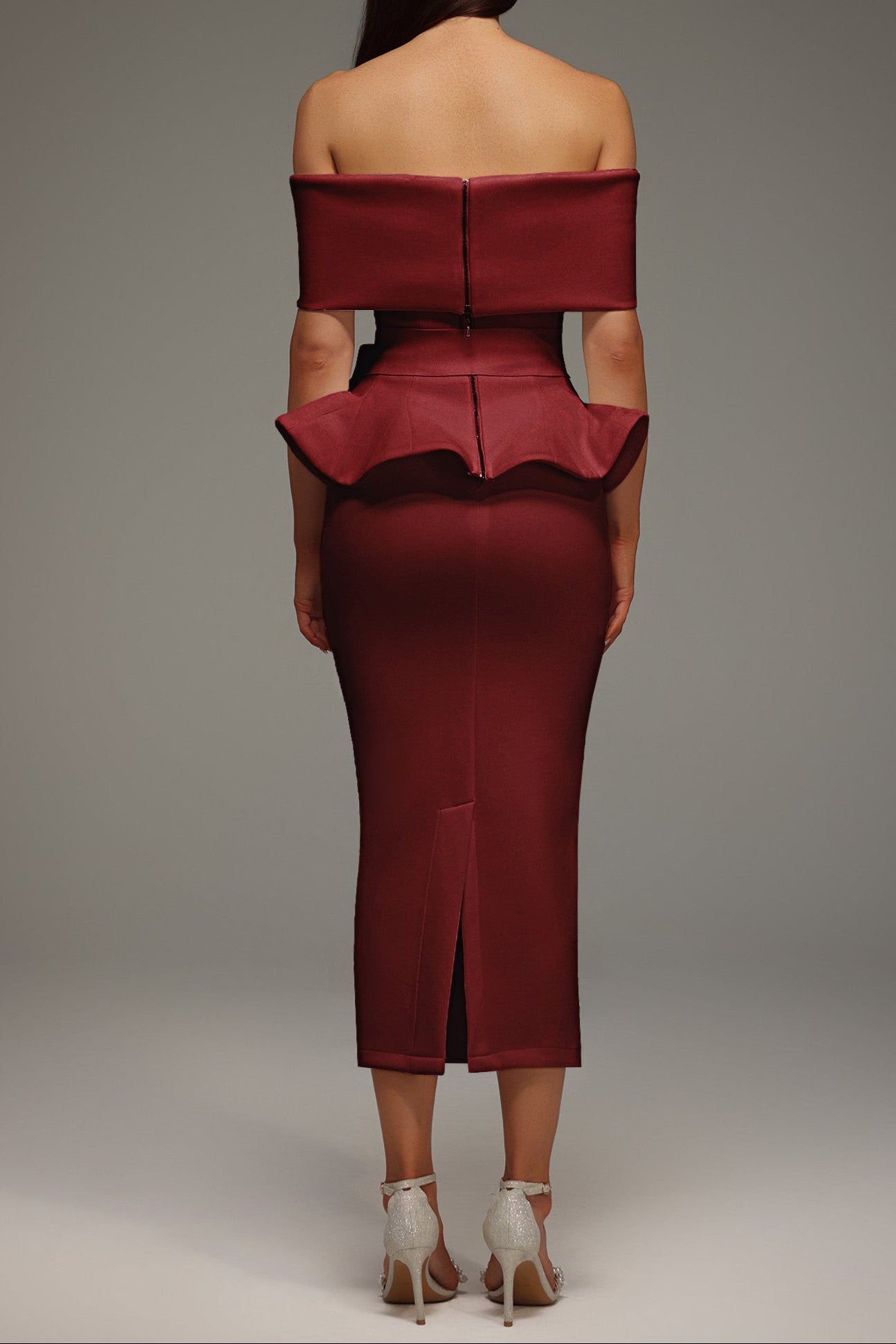 Eleanore Off The Shoulder  Ruffled Edge Red Midi Dress