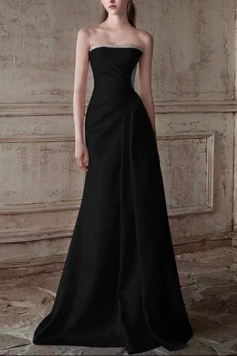 Mermaid Ruched Strapless Beading Black Prom Dress