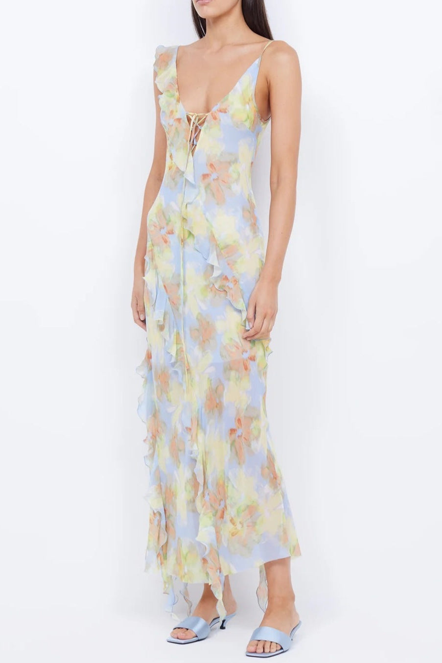 cecilia Chiffon ruffles maxi dress in blue