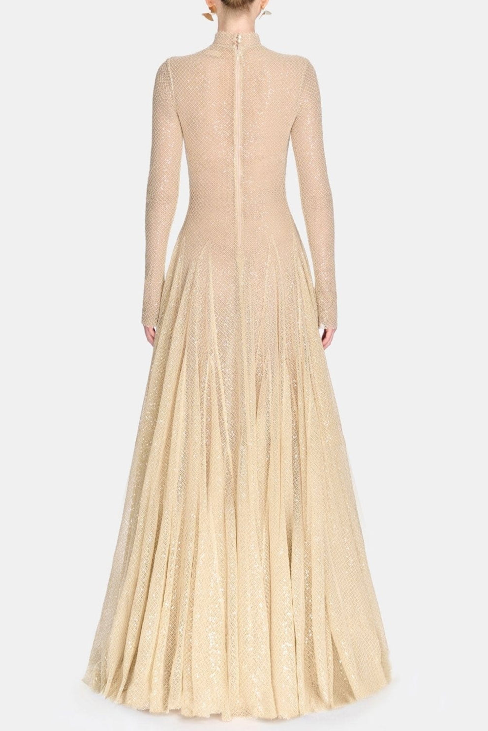 anila Beige mesh long sleeve slim maxi dress