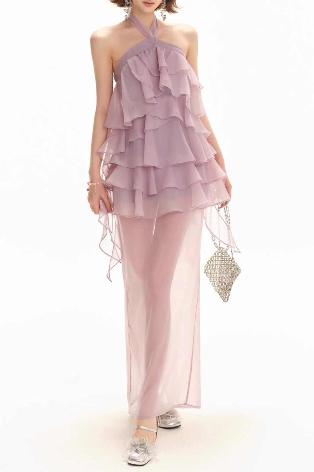 Backless Multi-layer Ruffle slit maxi dress in lilac