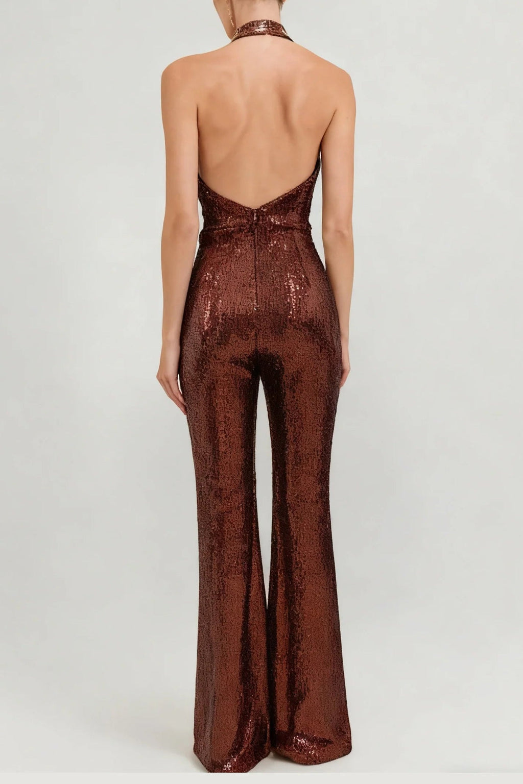 nora brown Sequin halterneck deep V high waist flared jumpsuit