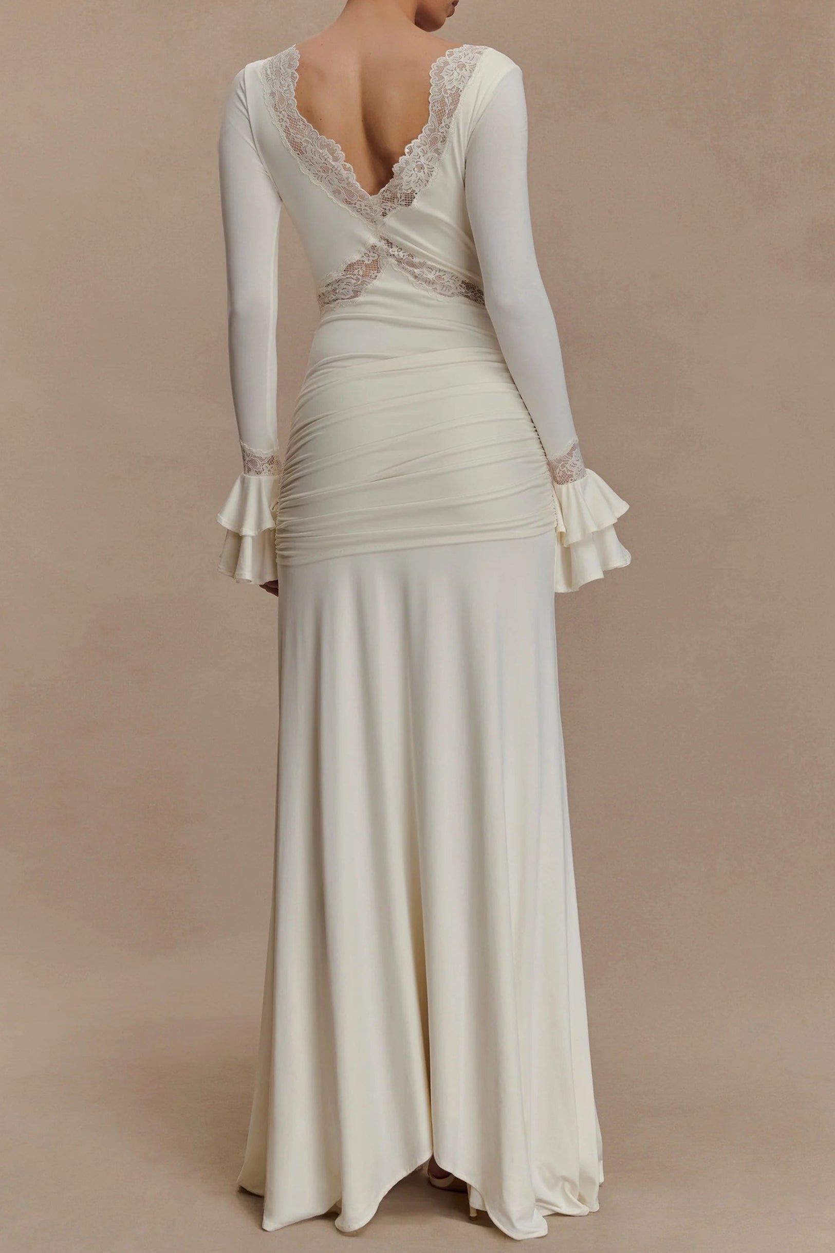 pamela V-neck lace see-through maxi dress in white