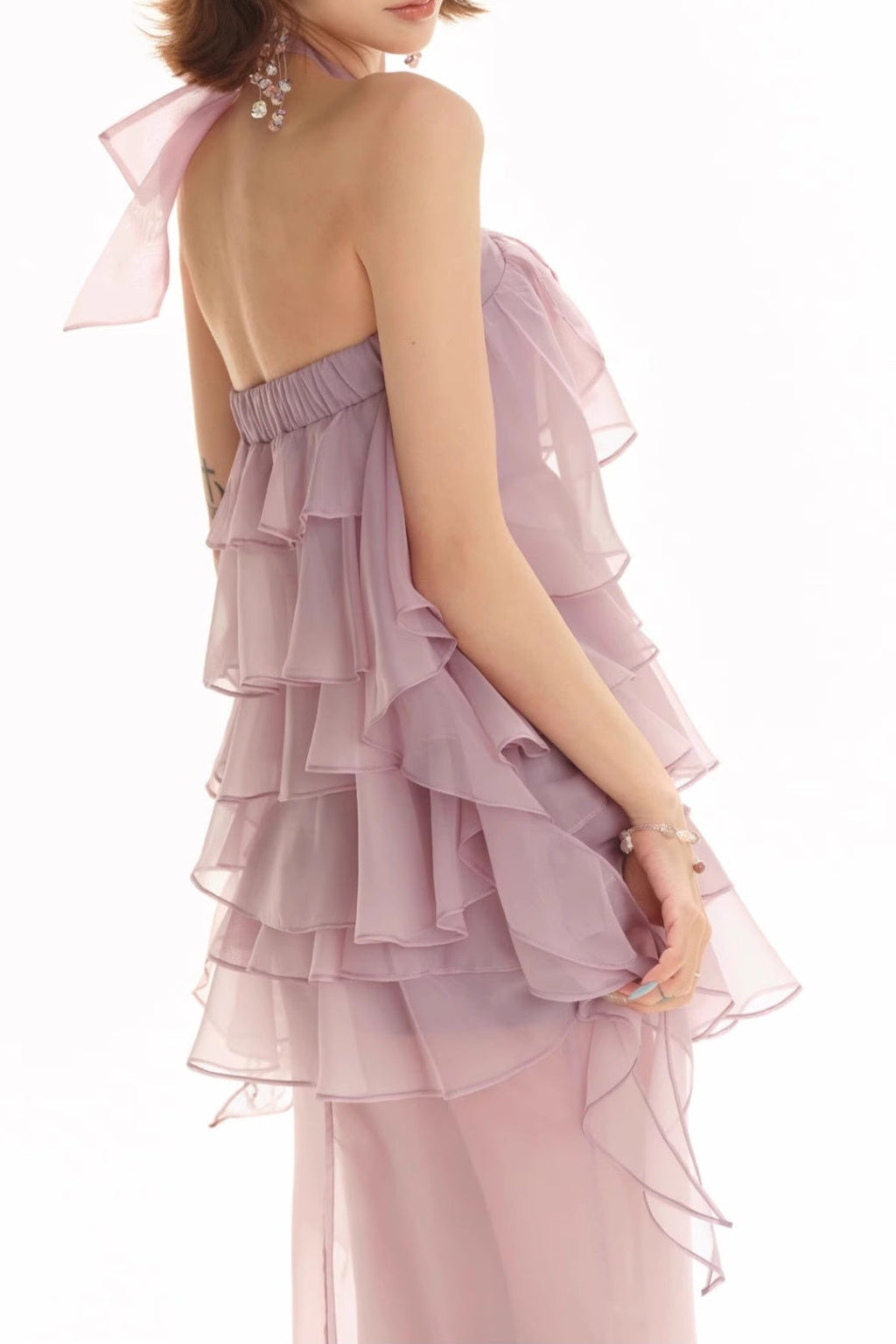 Backless Multi-layer Ruffle slit maxi dress in lilac