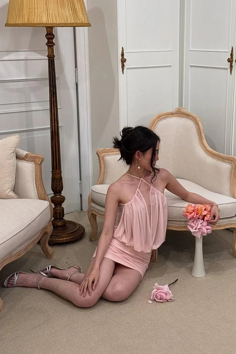 cheryl ruched halter bodycon mini dress in pink