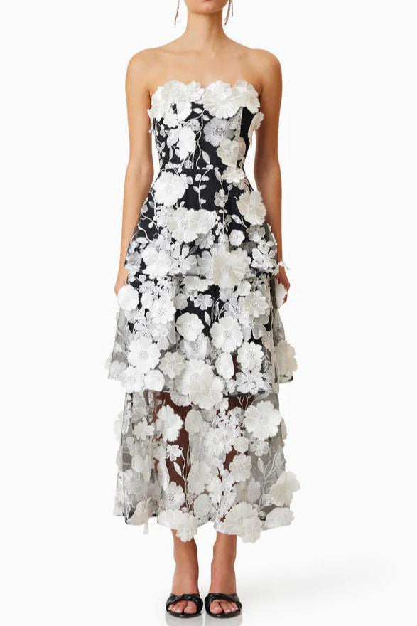 Selene 3D flower Tiered Maxi Dress In Black