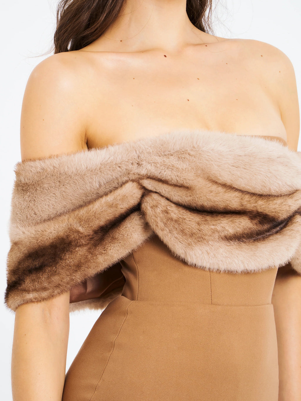 Turmeric Off Shoulder Fur Trim Mini Dress