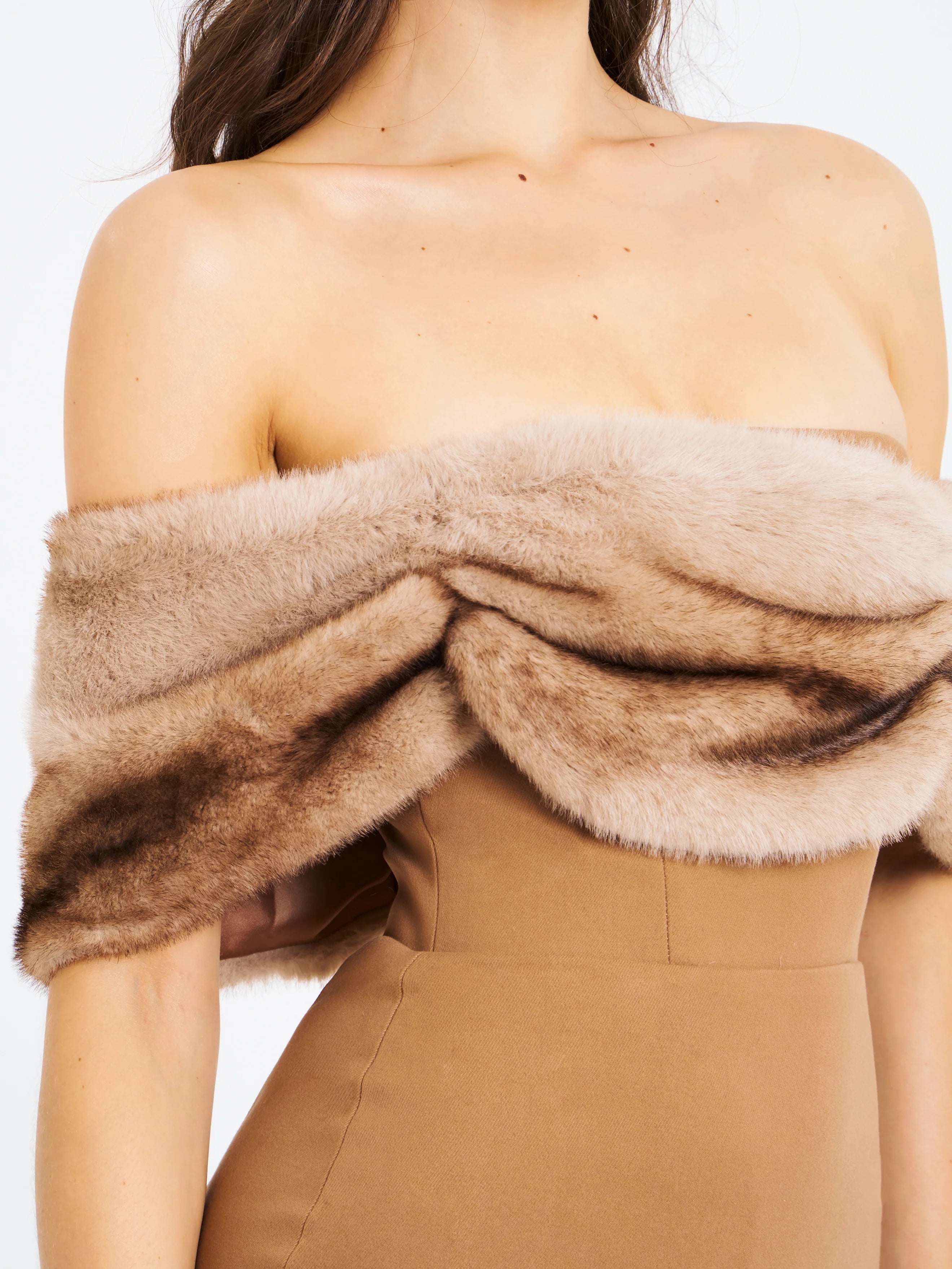 Turmeric Off Shoulder Fur Trim Mini Dress