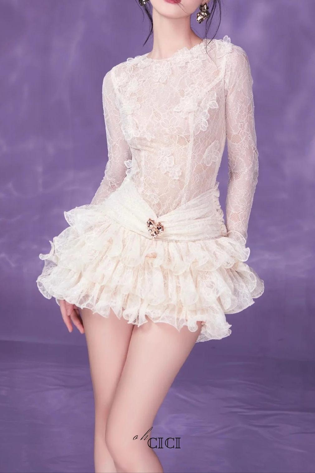 eudora lace embroidery ruched trim mini dress in white