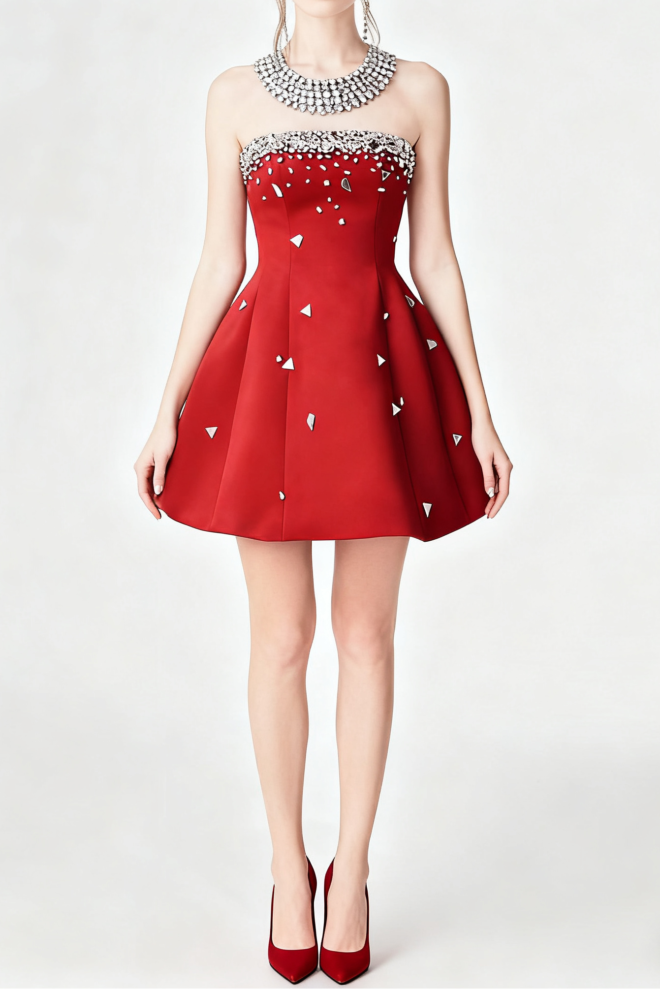 RED CRYSTAL-EMBELLISHED STRAPLESS MINI DRESS