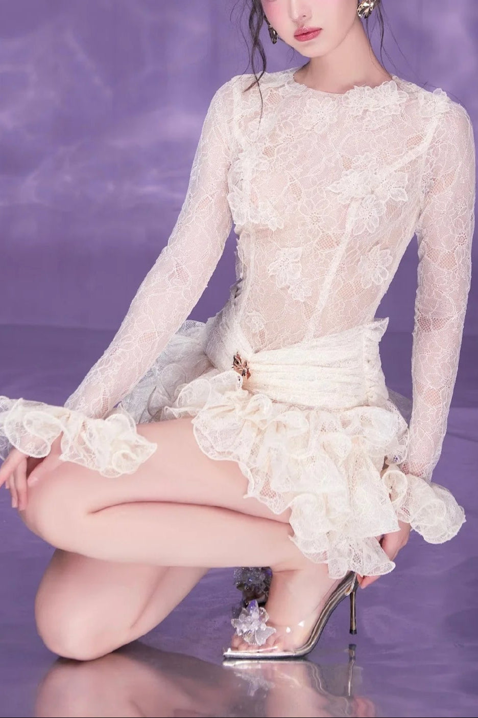 eudora lace embroidery ruched trim mini dress in white