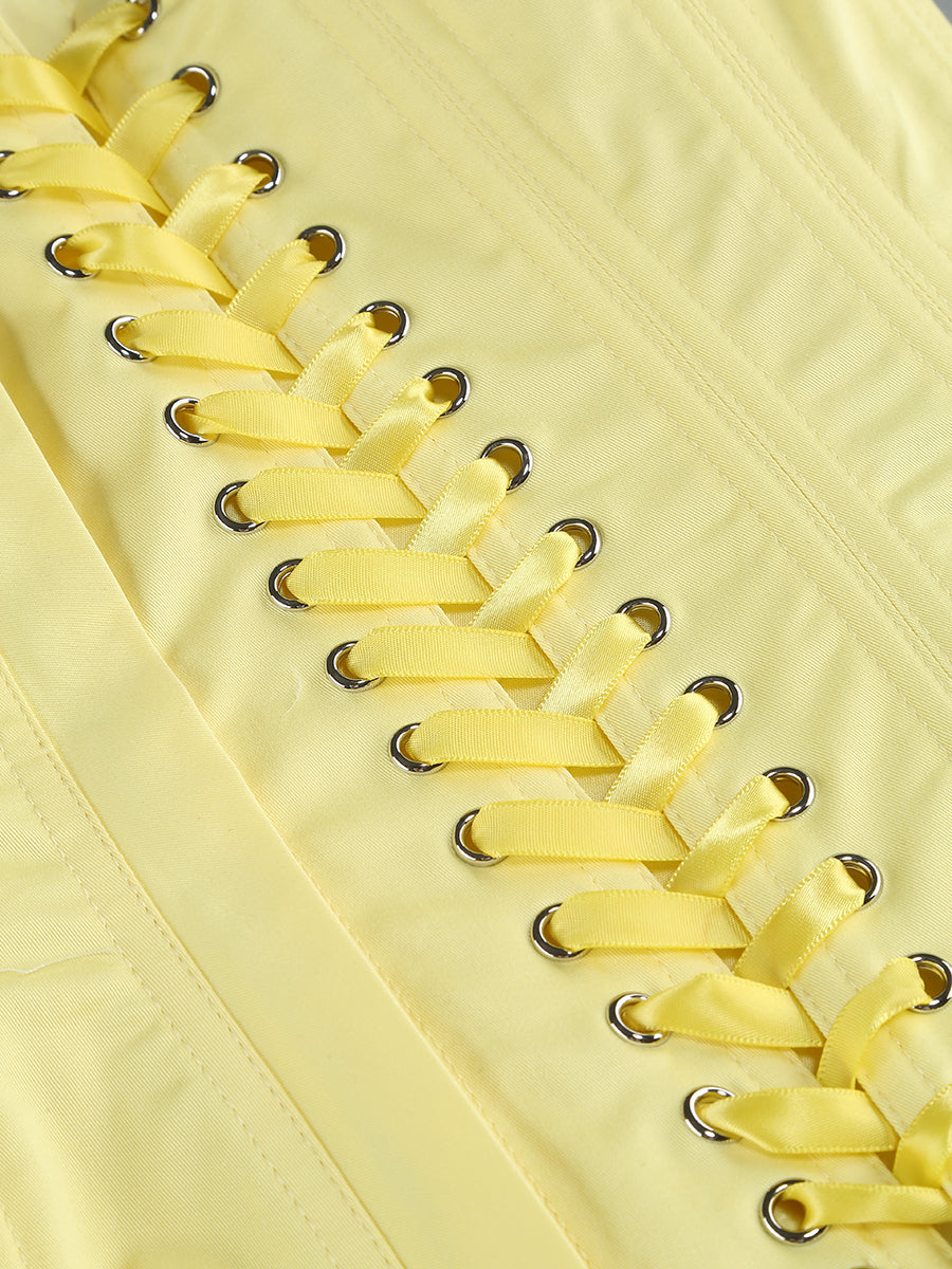 amy flower embellished mini skirt corset set in yellow