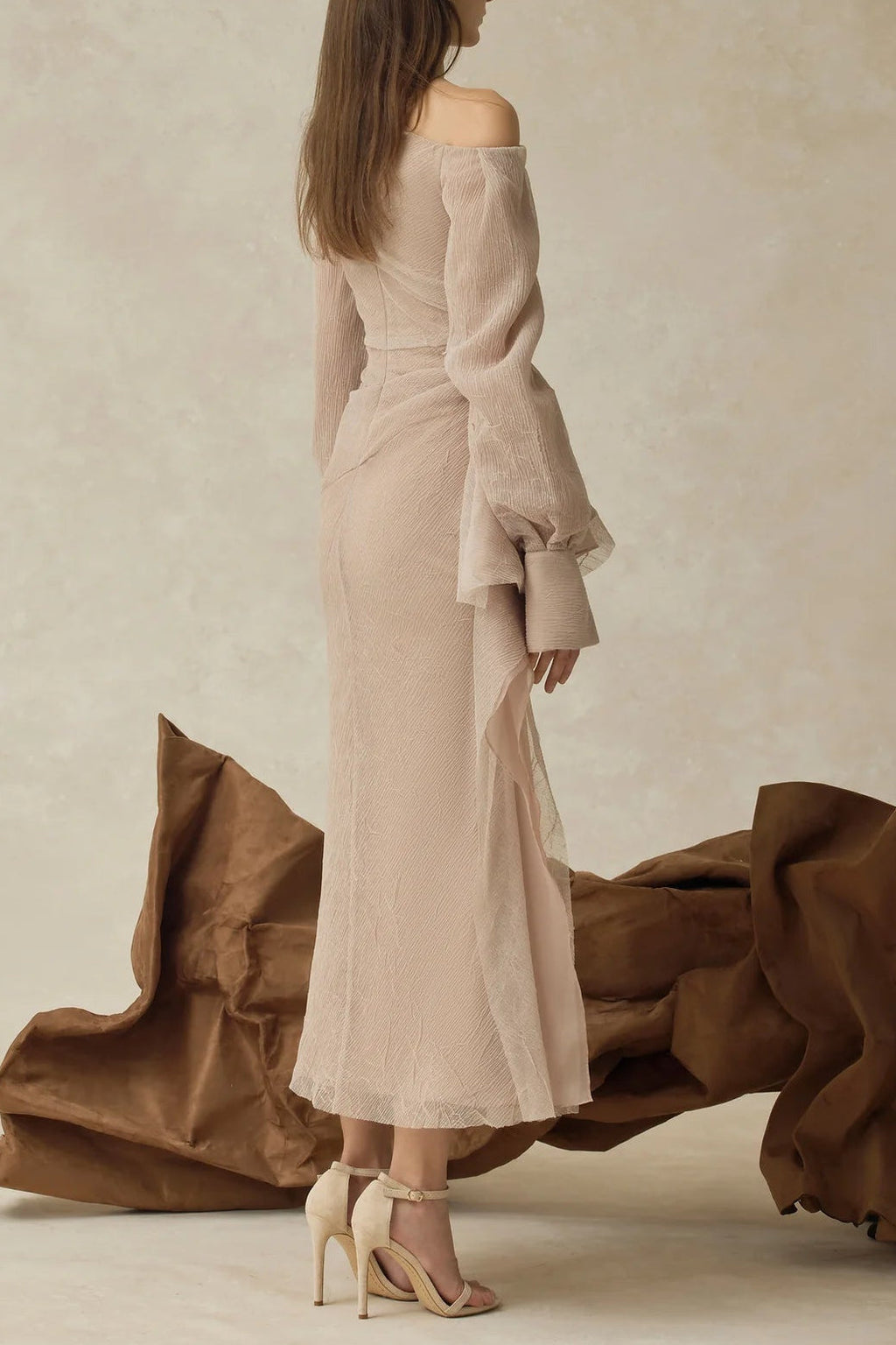 brianna Asymmetric Long Sleeve pleated maxi Dress in beige