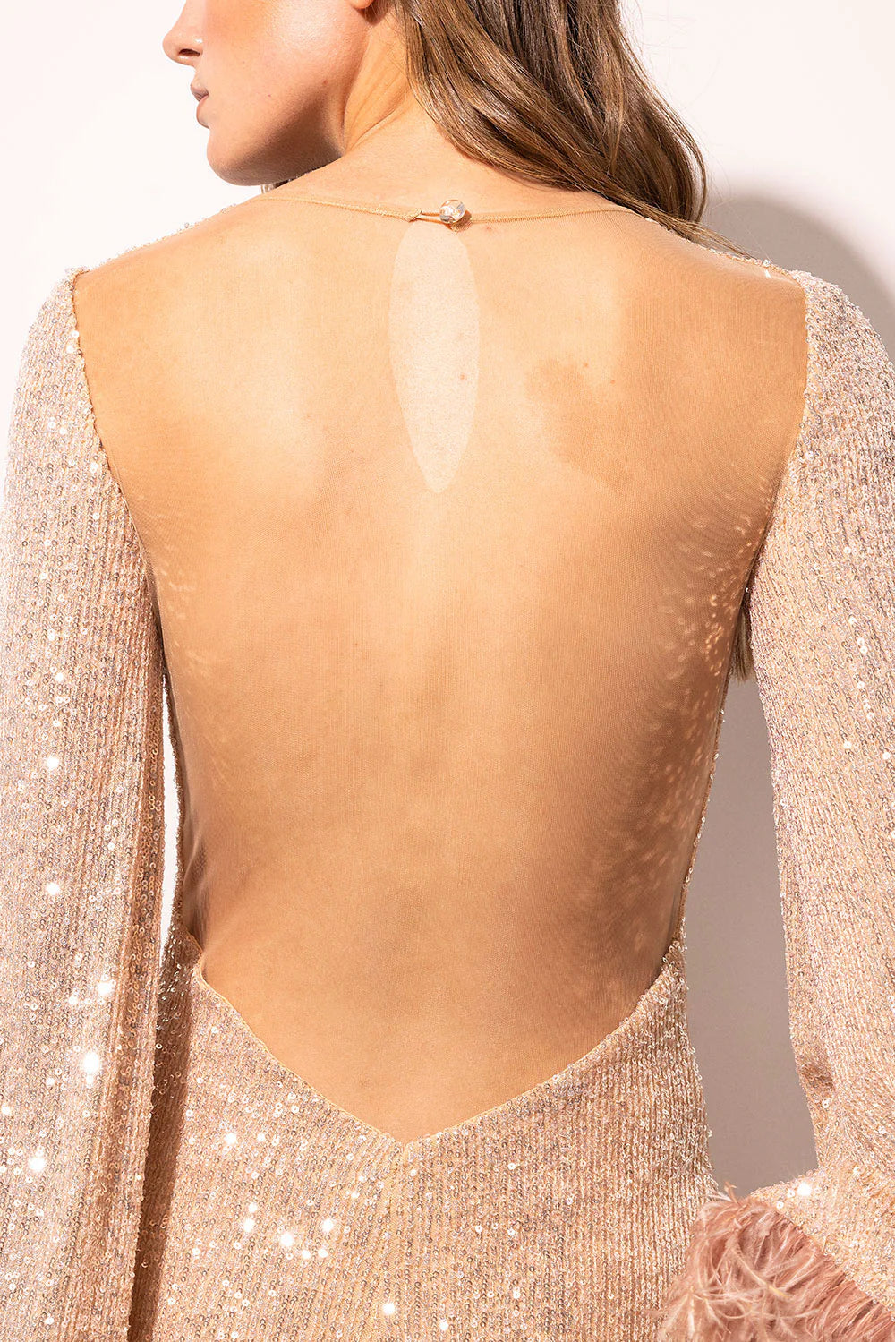 murray pale pink sequin feather trim backless mini dress