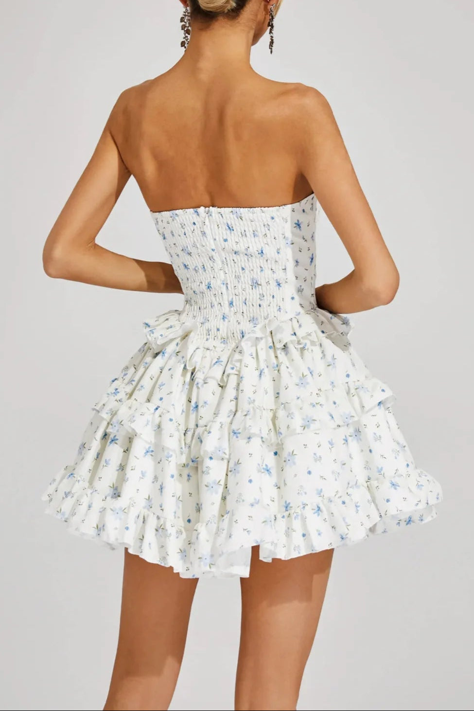 martha Ruffle printed strapless Mini Dress in blue