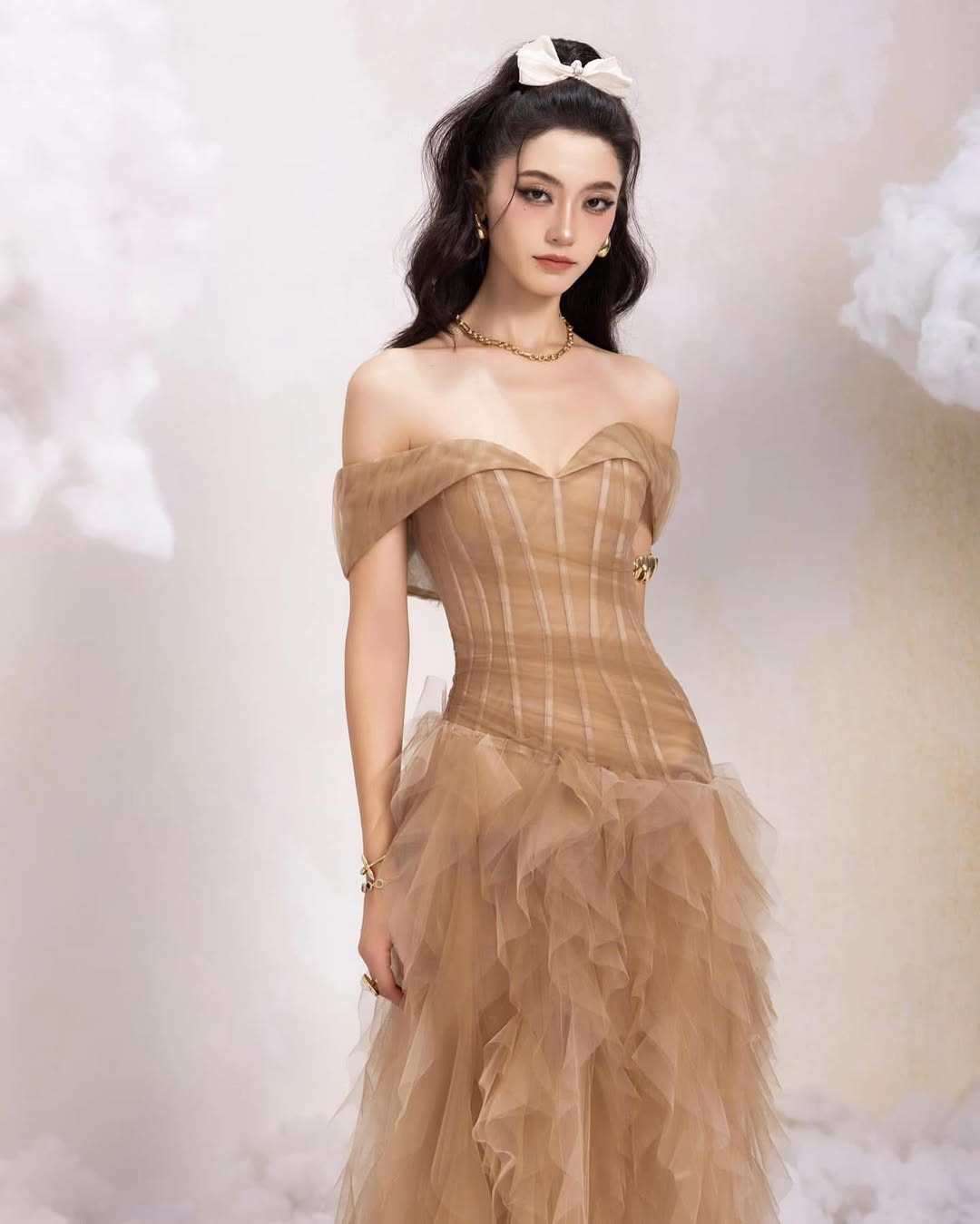 tulle tube top with rippling pattern maxi dress in Khaki
