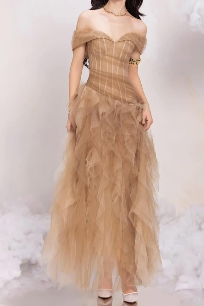 tulle tube top with rippling pattern maxi dress in Khaki
