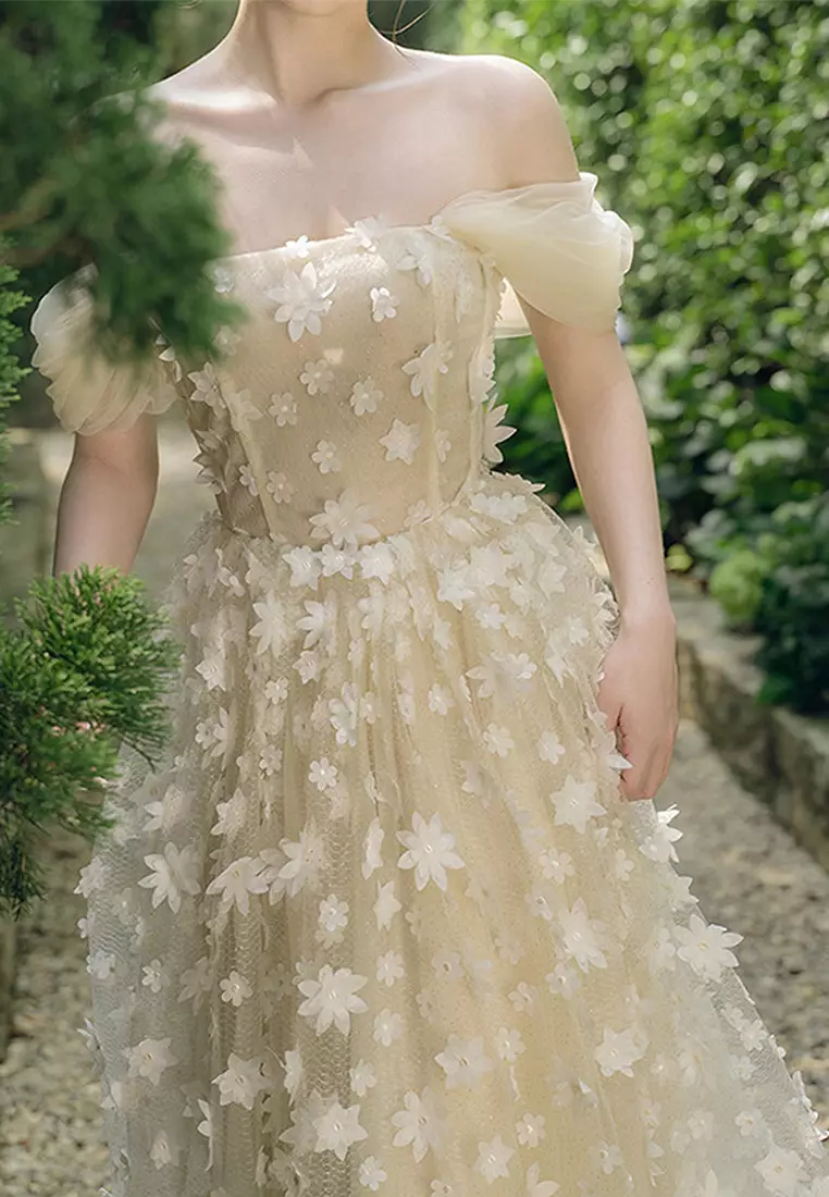 sabrina flower embellished strapless maxi dress in beige