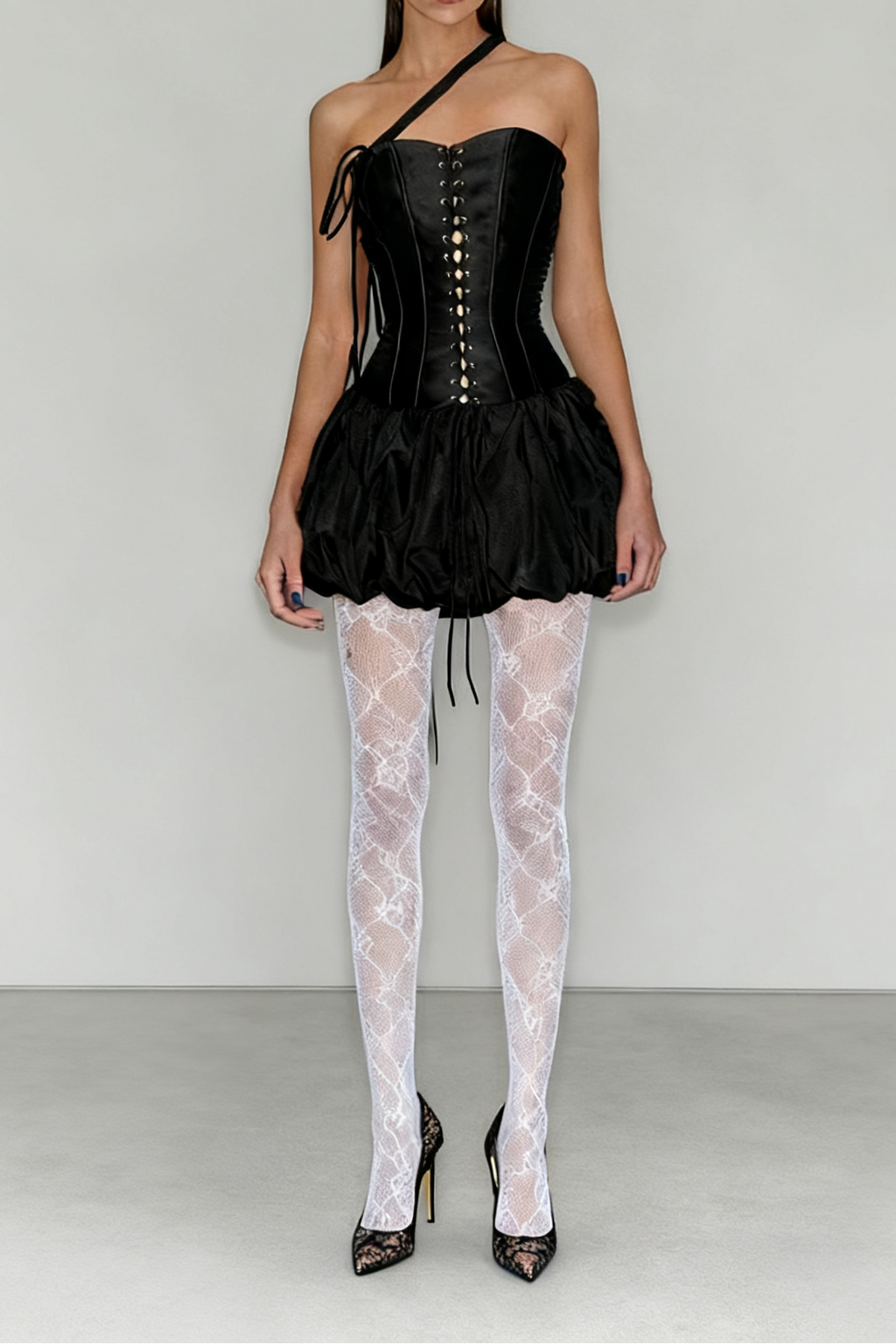 Gothic Lace Up Asymmetric Shoulder Strap Bandeau Tulip Mini Dress