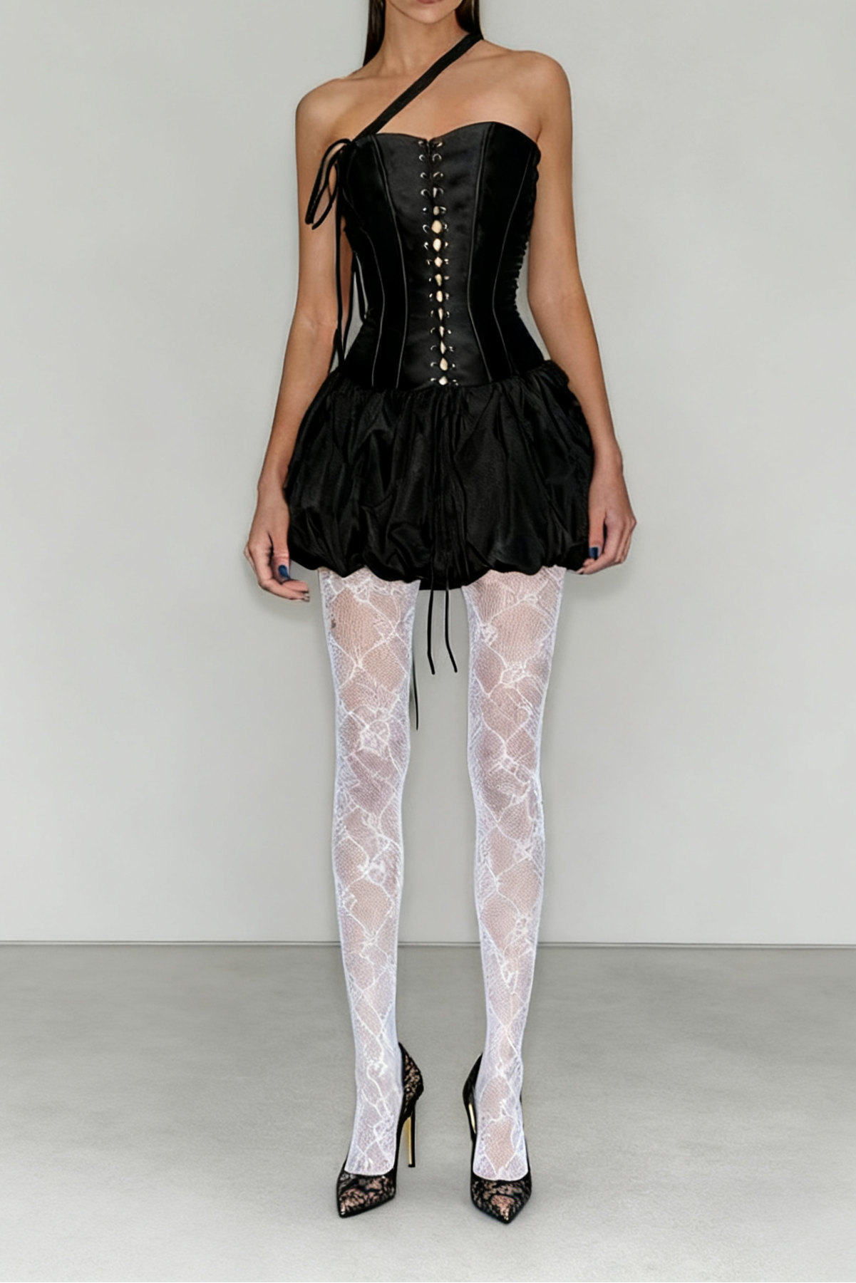 Gothic Lace Up Asymmetric Shoulder Strap Bandeau Tulip Mini Dress