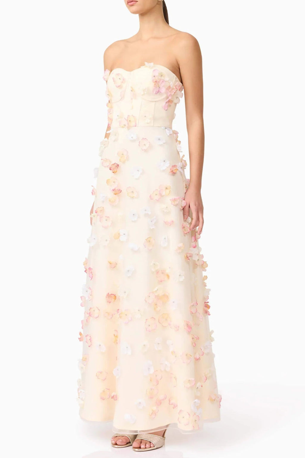 Off-Shoulder Embroidered Maxi Dress in apricot