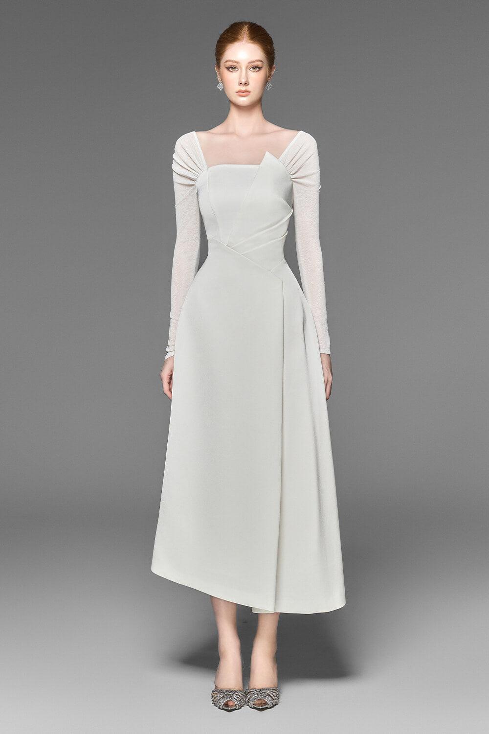 Evie Asymmetric Off-Shoulder Spandex Taffeta Midi Dress