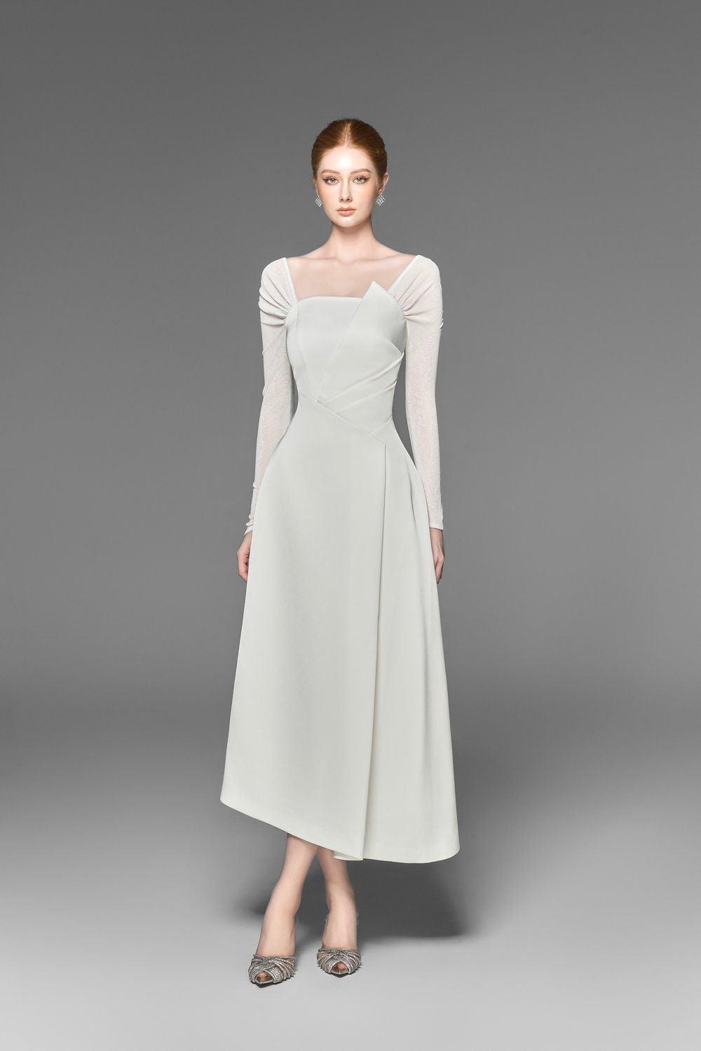 Evie Asymmetric Off-Shoulder Spandex Taffeta Midi Dress