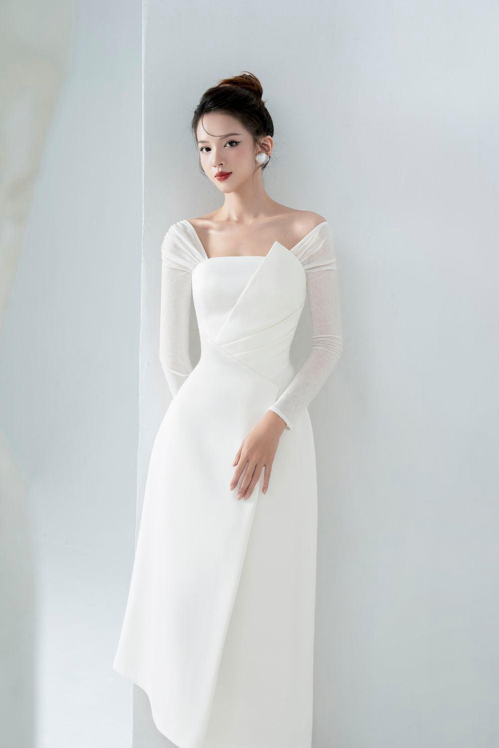 Evie Asymmetric Off-Shoulder Spandex Taffeta Midi Dress