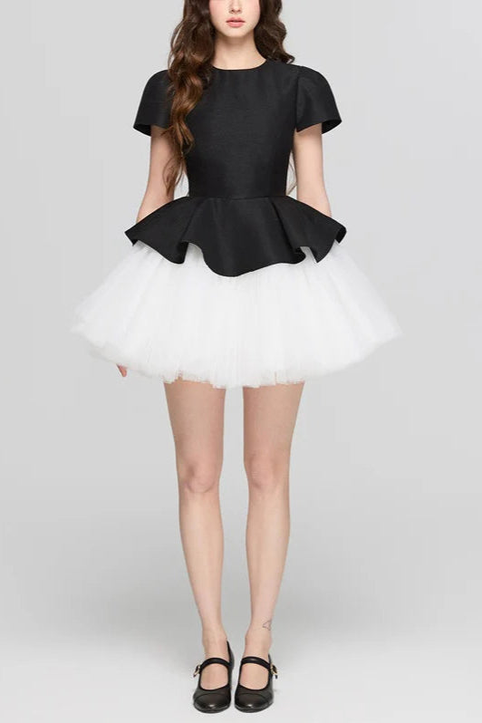 two-tone Velvet ruffle hem puffy mini dress
