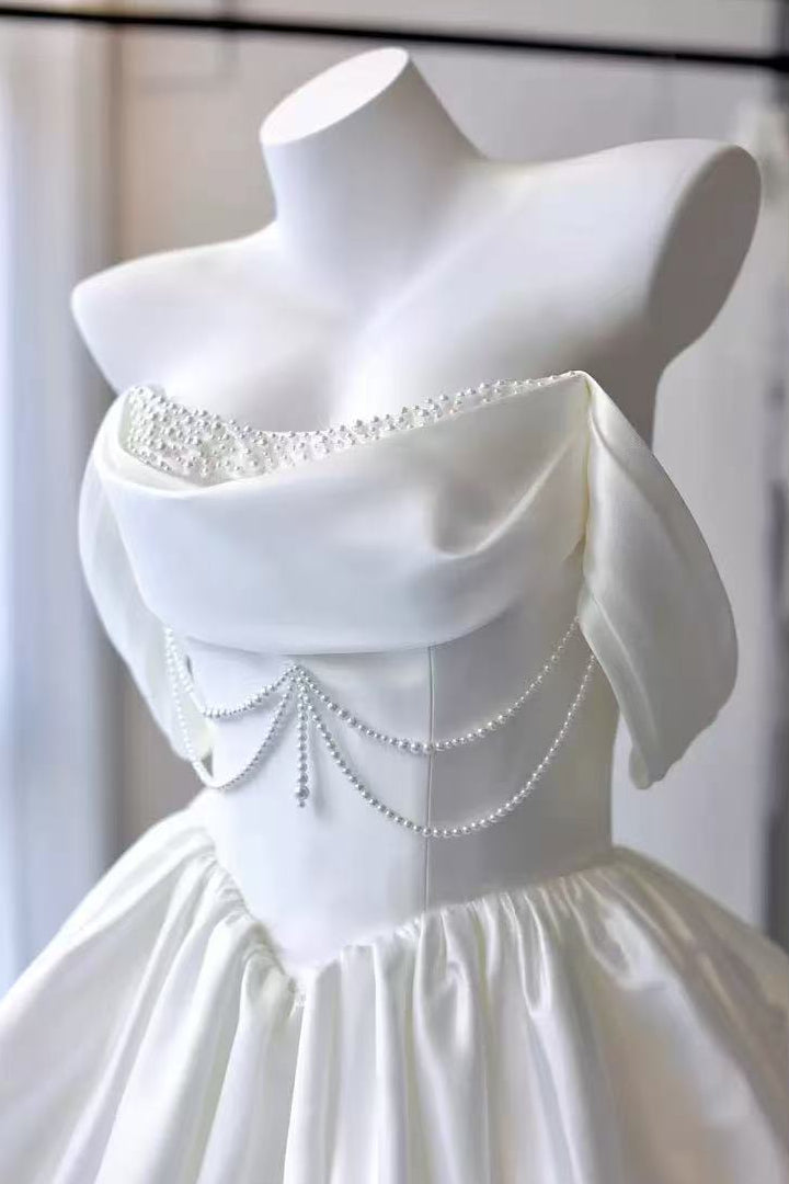 White Satin Beaded Off Shoulder Mini Dress