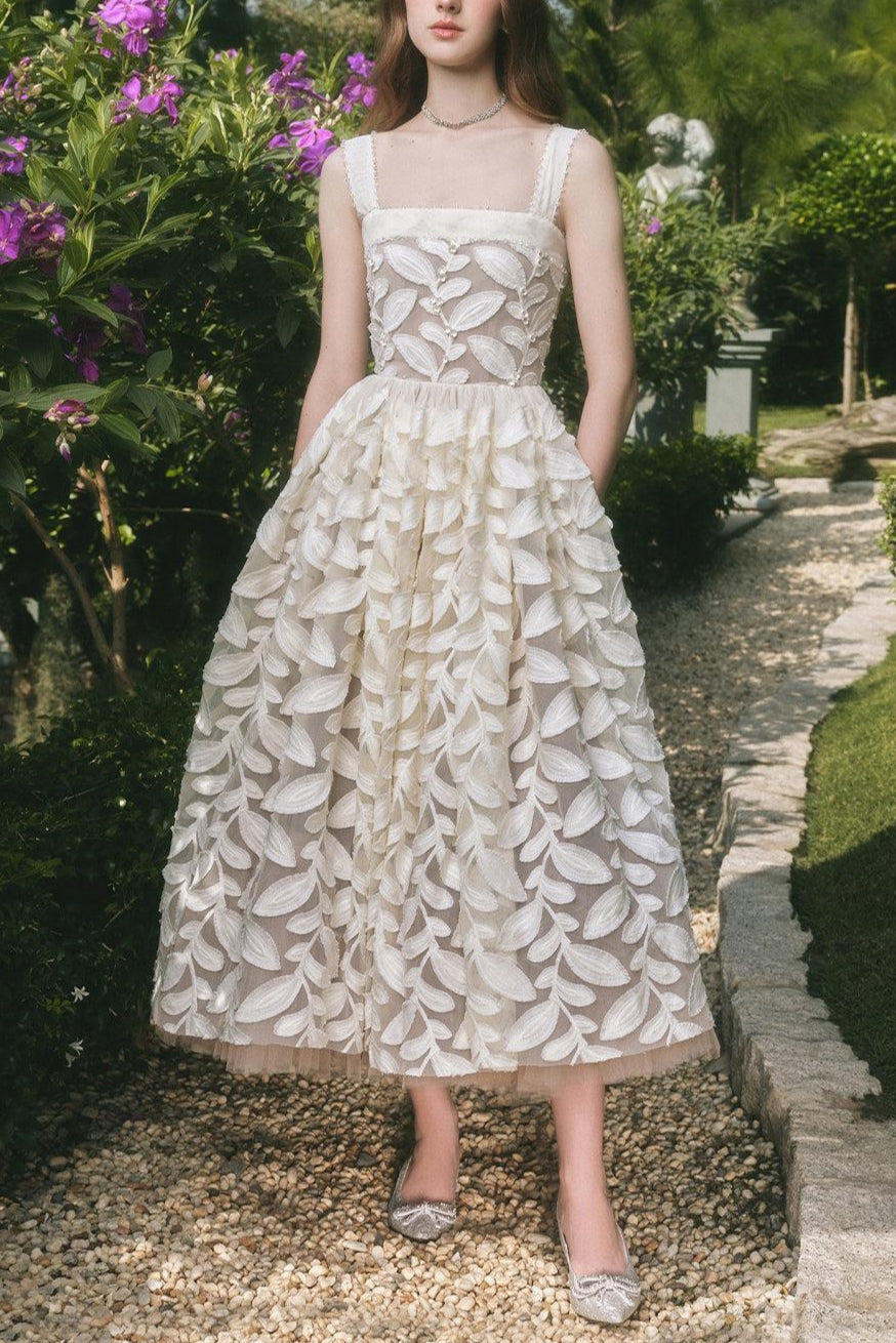 Fae A-line Square Neck Lace Midi Dress in cream white