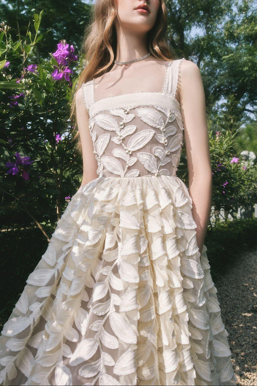 Fae A-line Square Neck Lace Midi Dress in cream white