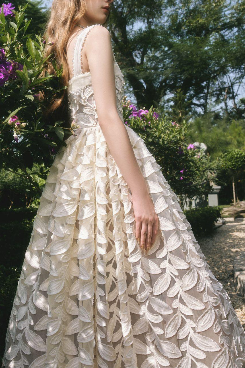 Fae A-line Square Neck Lace Midi Dress in cream white