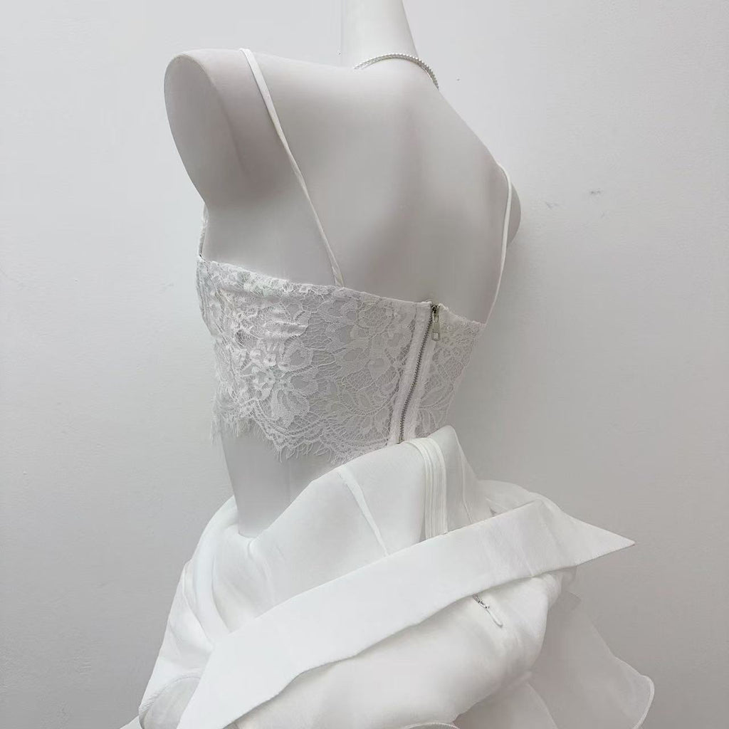 flower ruffle ribbon mini dress in white