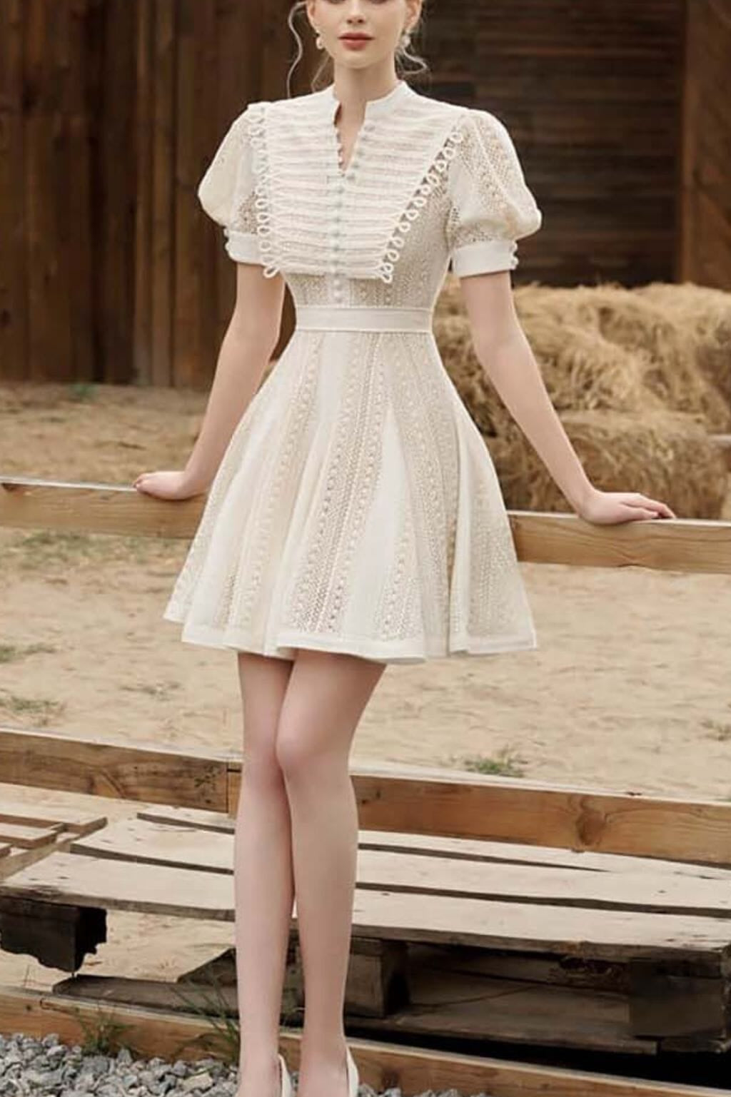 FLARED PUFFY SLEEVED LACE MINI DRESS IN WHITE