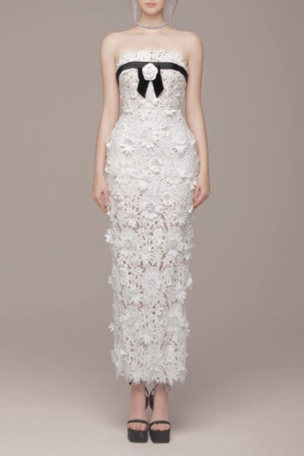 Strapless Flower Embroidery Maxi Dress In White