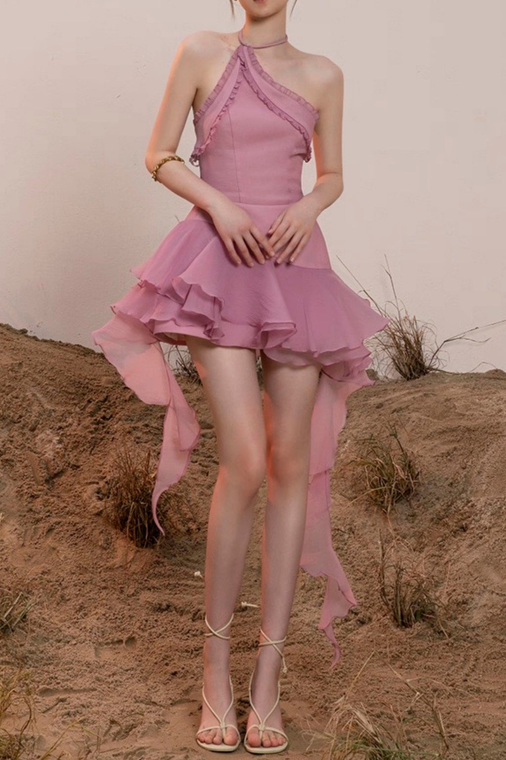 jessica halter ruffle trim mini dress in purple