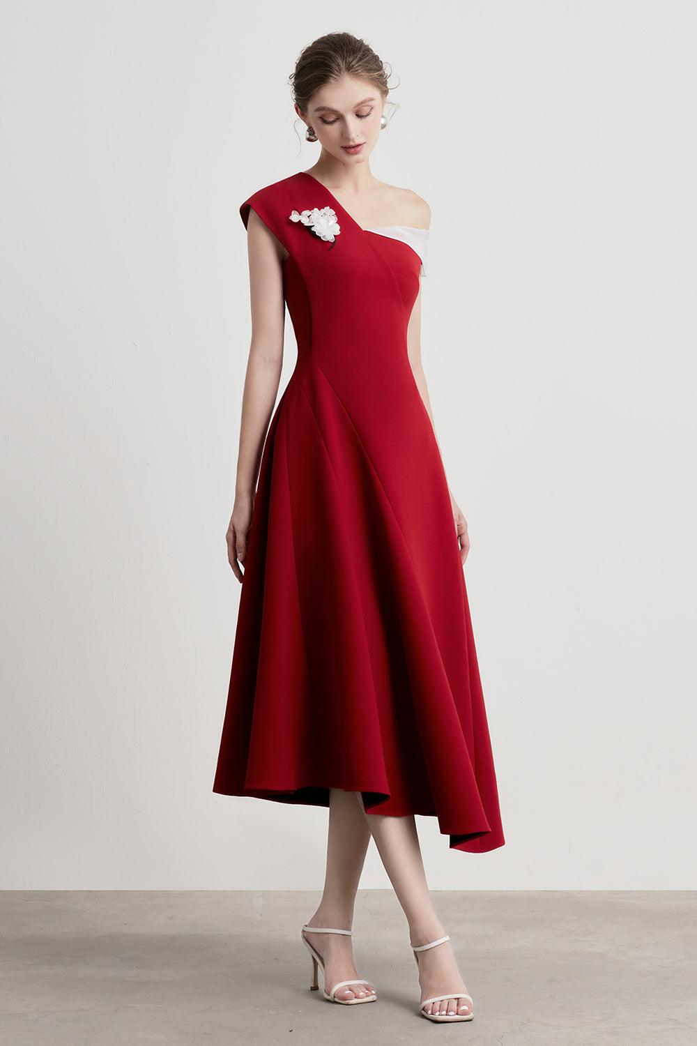 A-LINE ASYMMETRIC SLEEVED PUNTO MIDI DRESS