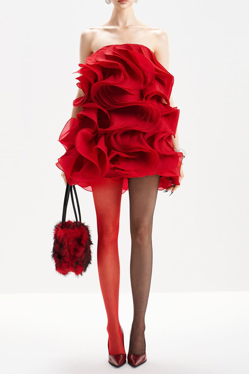 verna Multi-layered 3d pleated mini dress in red