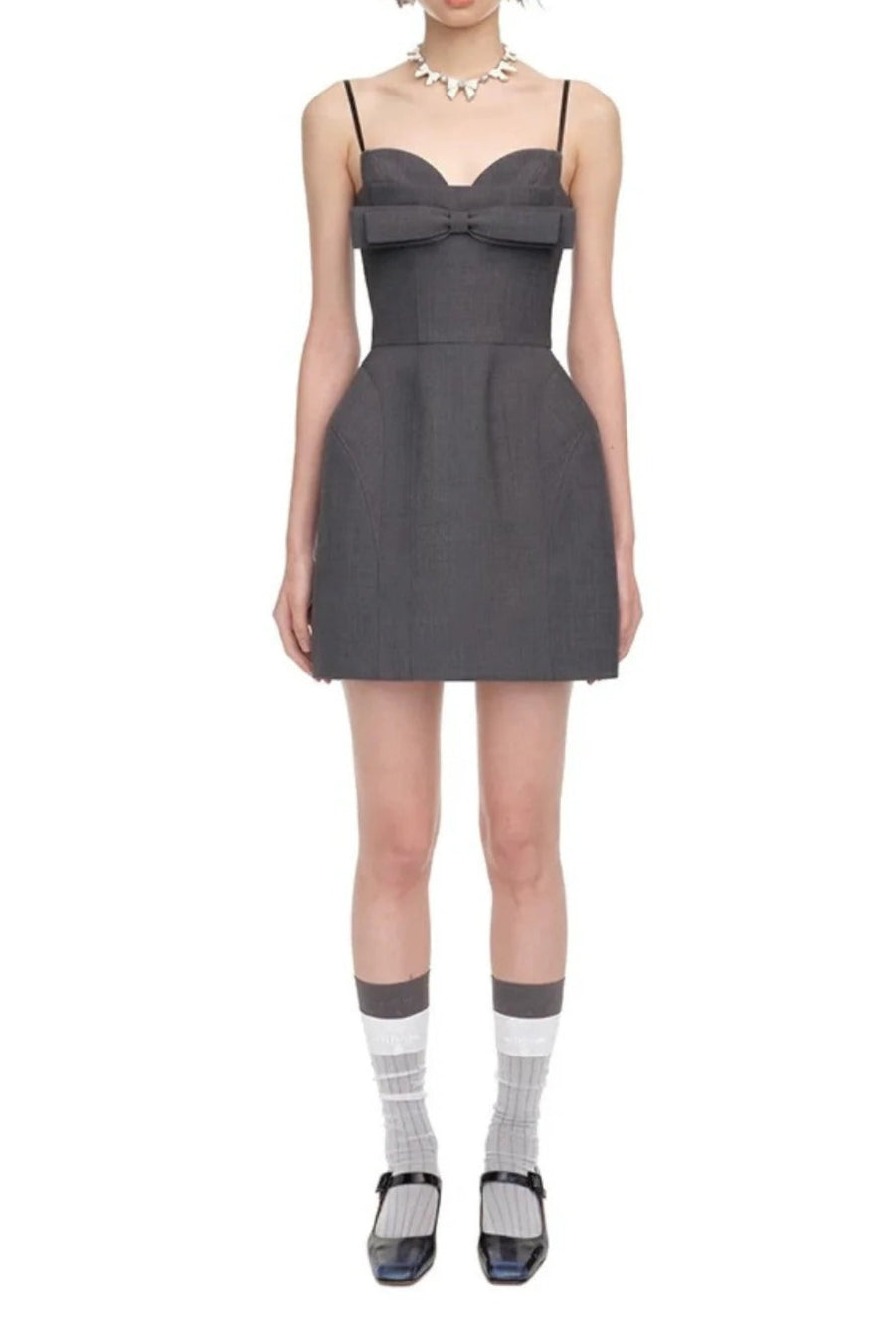 arabela bow-embellished mini dress in grey