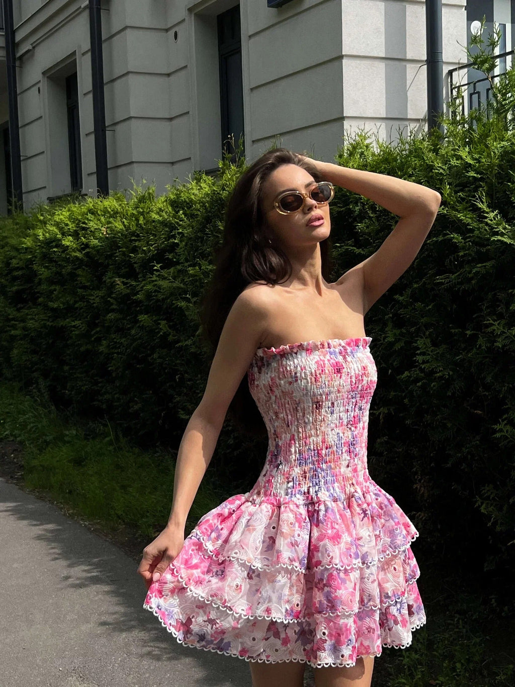 PINK FLORAL RUCHED STRAPLESS MINI DRESS