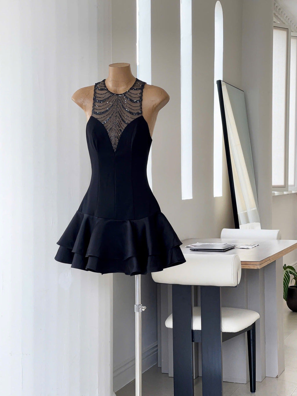 jessica sequin tulle ruched hem mini dress in black