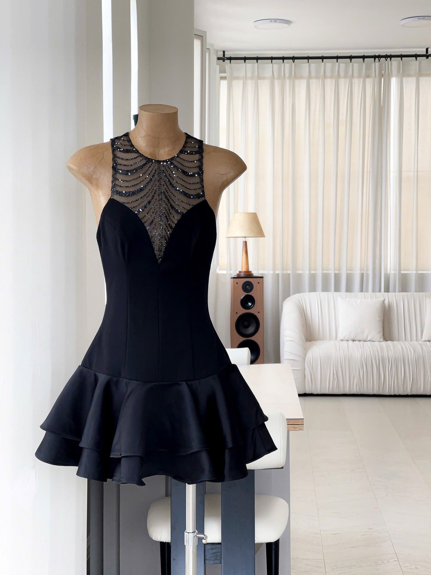 jessica sequin tulle ruched hem mini dress in black