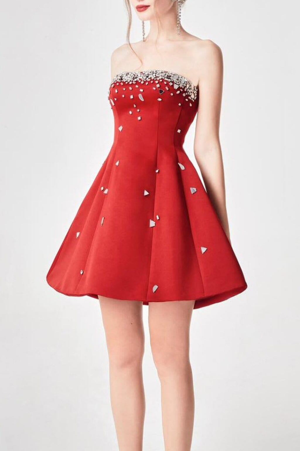 RED CRYSTAL-EMBELLISHED STRAPLESS MINI DRESS