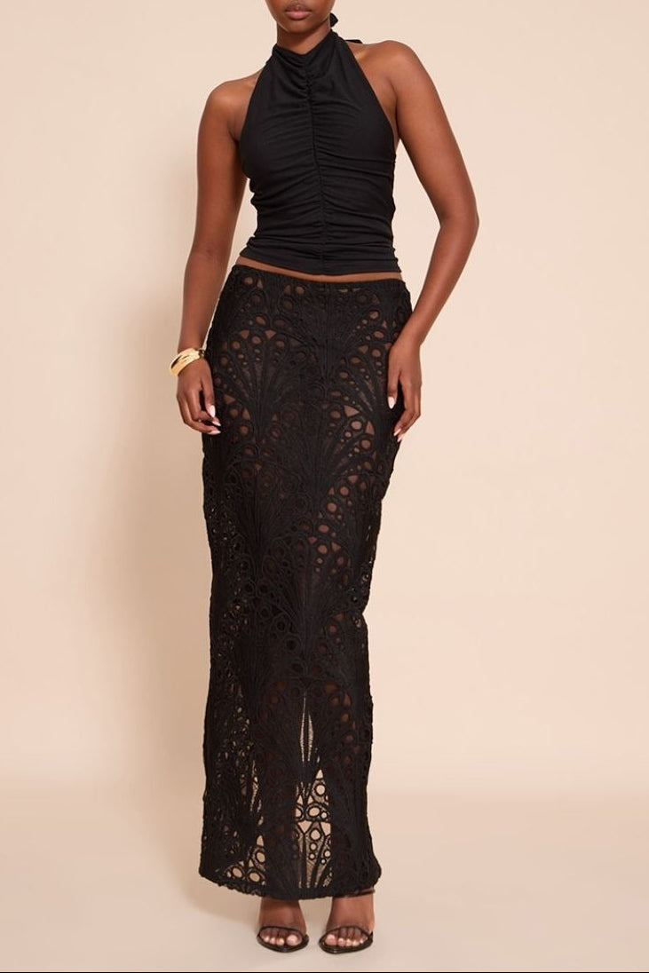 Black Textured Floral Lace Maxi Skirt