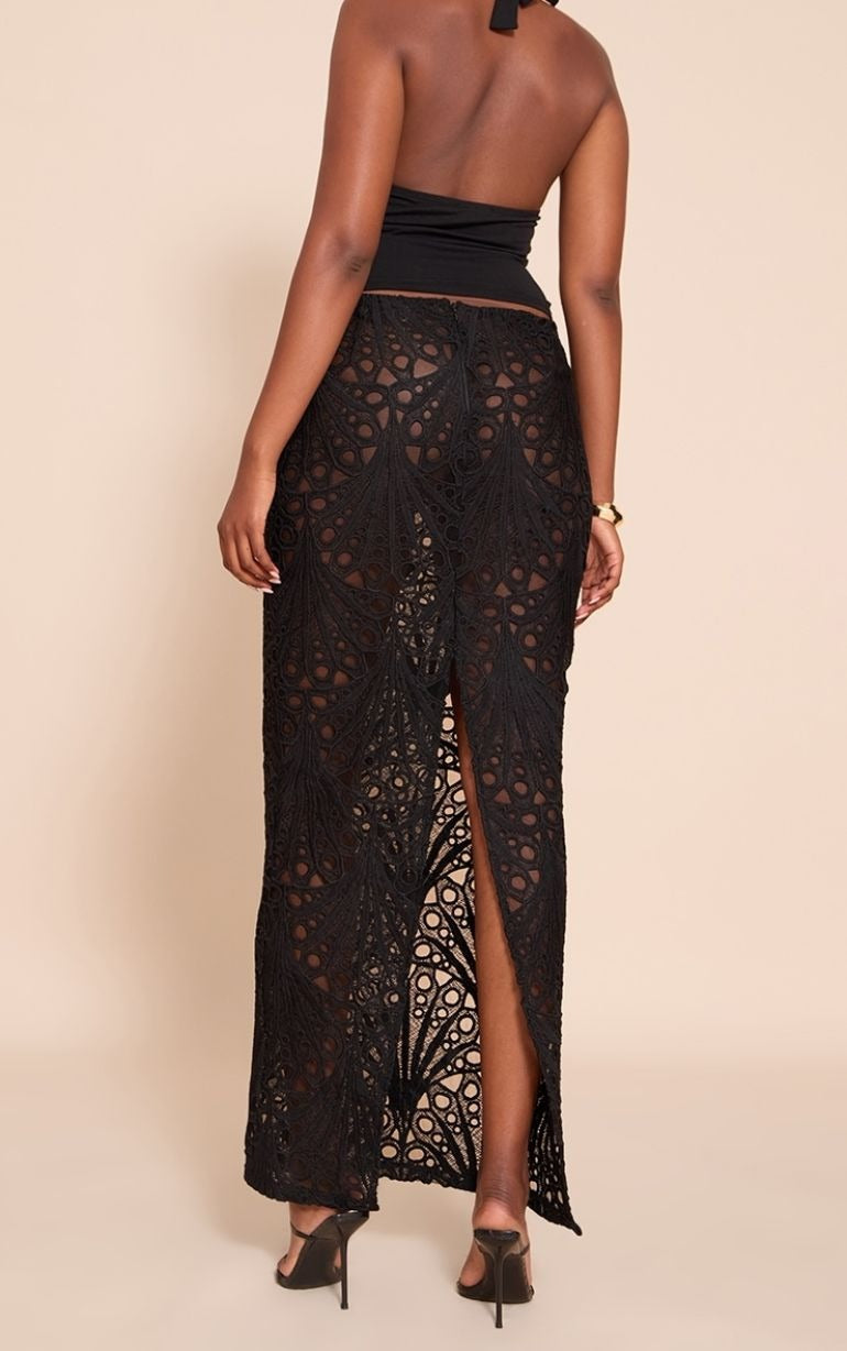 Black Textured Floral Lace Maxi Skirt